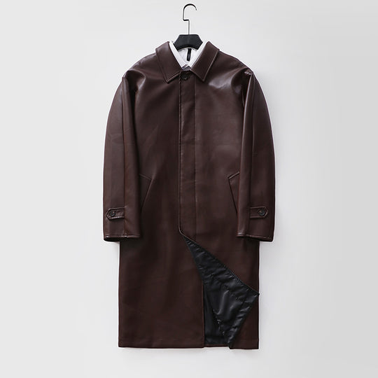 Herren langer minimalistischer Kunstleder-Mantel mit Hemdkragen, verdeckter Knopfleiste und geradem Schnitt Shop Nory