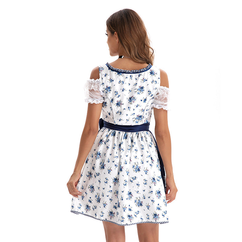 Damen nan kurzes Trachtenkleid im bayerischen Stil mit geschnürtem Mieder, Spitzenkragen und Schürzenrock Shop Nory