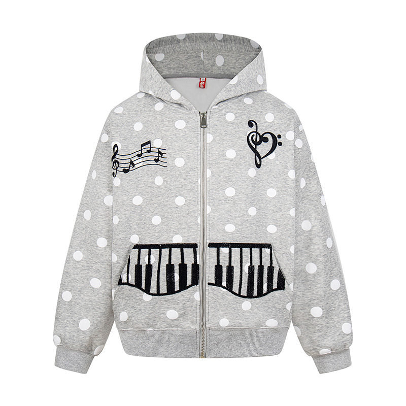 Damen Kapuzen-Sweatjacke im Retro-Punkte-Look mit gestickten Klavier-Taschen und Noten-Emblem Shop Nory