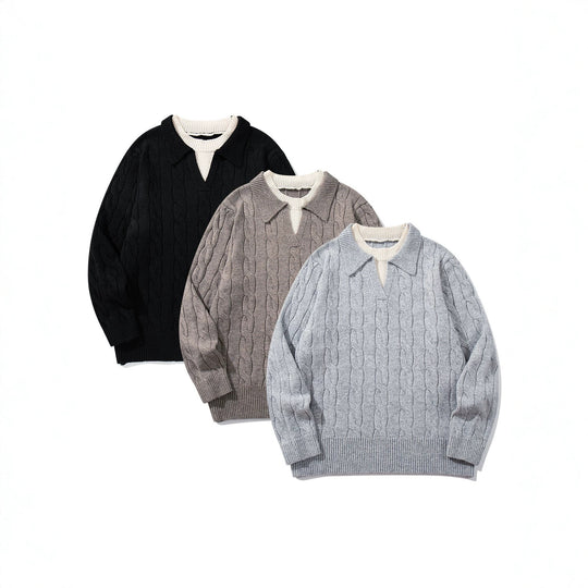 Unisex Strukturiertes Zopfstrick-Pullover mit Polokragen und tiefem V‑Ausschnitt Shop Nory