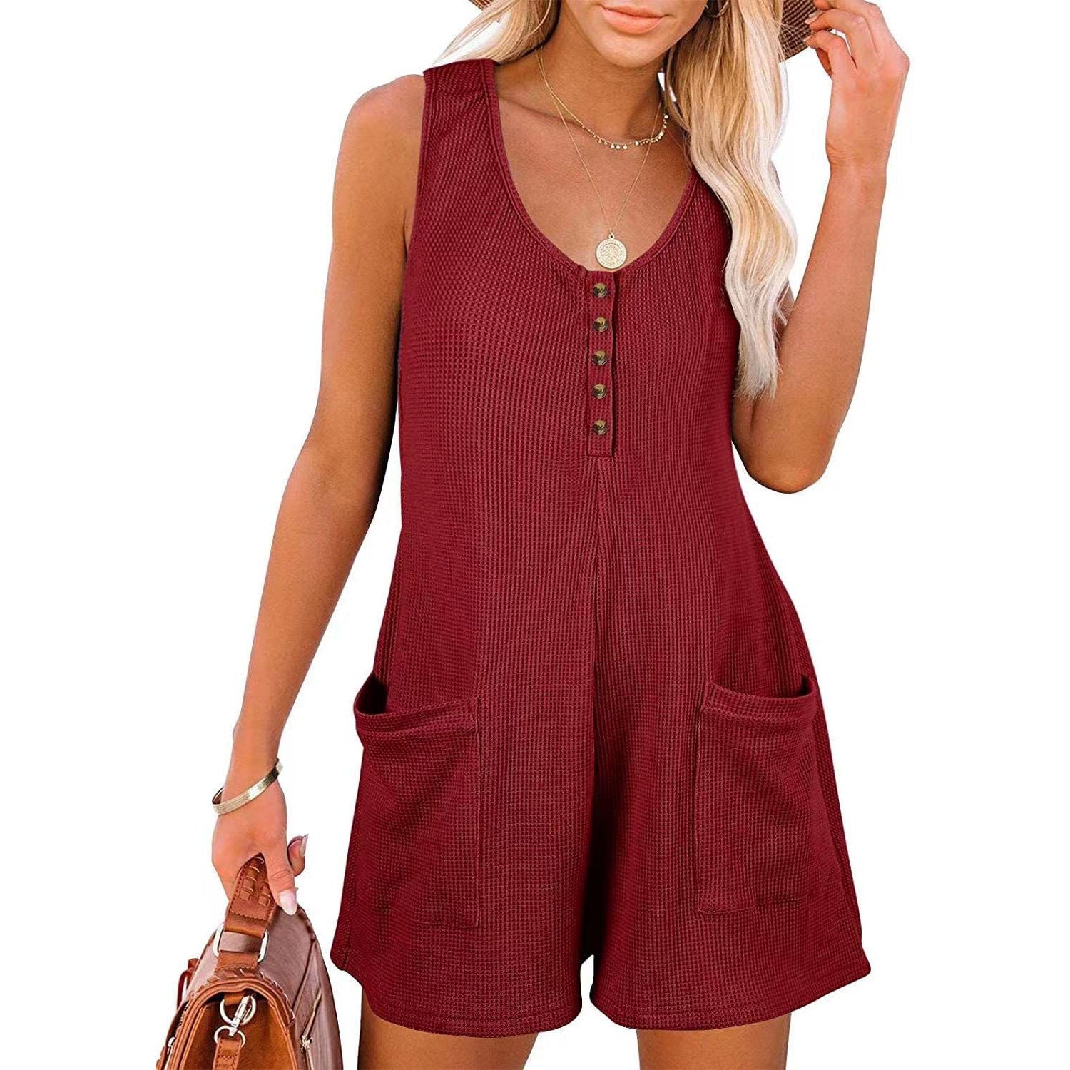 Damen Lässiger Strick-Jumpsuit mit praktischen Taschen und Knopfdetails