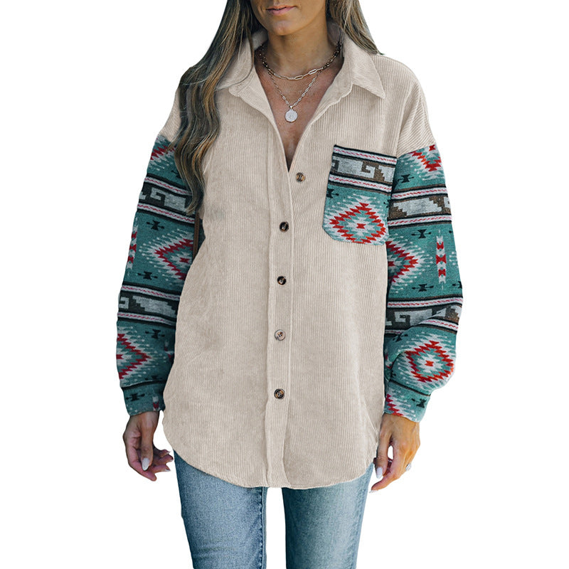 Damen Cord‑Hemdenjacke mit gemusterten Strickärmeln und aufgesetzter Brusttasche Shop Nory