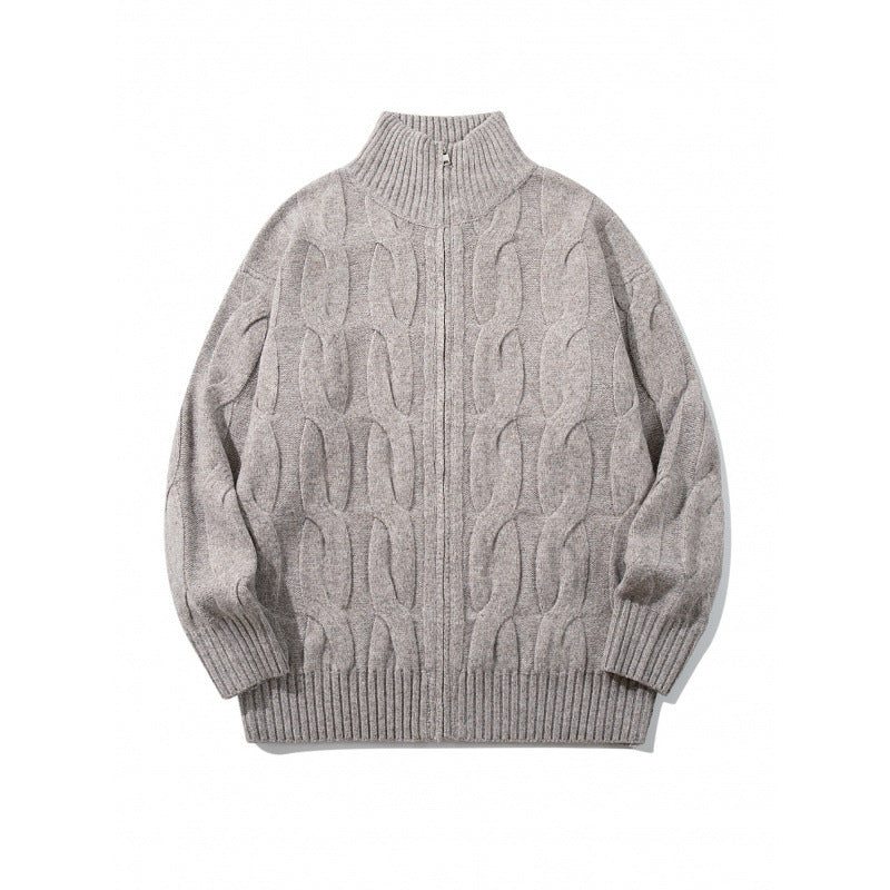 Unisex Grobgestrickter Reißverschluss-Cardigan mit Zopfmuster und hohem Rippkragen Shop Nory
