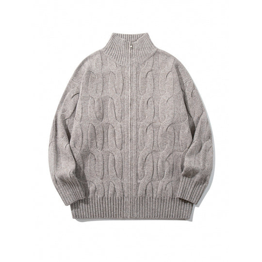 Unisex Grobgestrickter Reißverschluss-Cardigan mit Zopfmuster und hohem Rippkragen Shop Nory