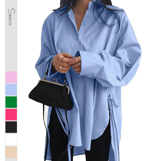Damen Oversize-Longbluse mit Tunnelzugseiten, extralangen Manschetten und Hemdkragen Shop Nory