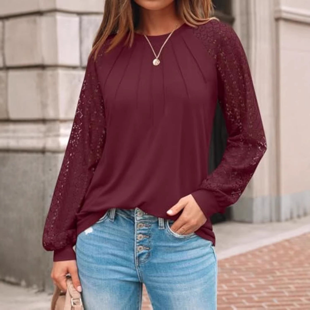 Damen Langarm-Bluse mit Spitzeneinsätzen und Kellerfalten Shop Nory