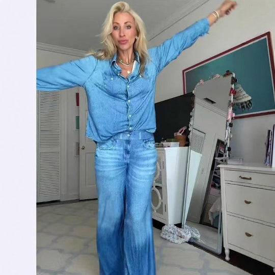Damen Entspanntes Denim Loungewear-Set mit Übergröße Hemd und Weiten Schlaghosen Shop Nory
