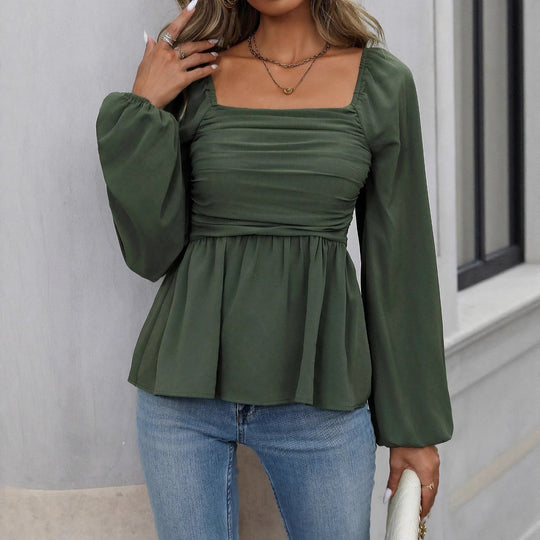 Damen geraffte Schößchenbluse mit quadratischem Ausschnitt und Ballonärmeln Shop Nory