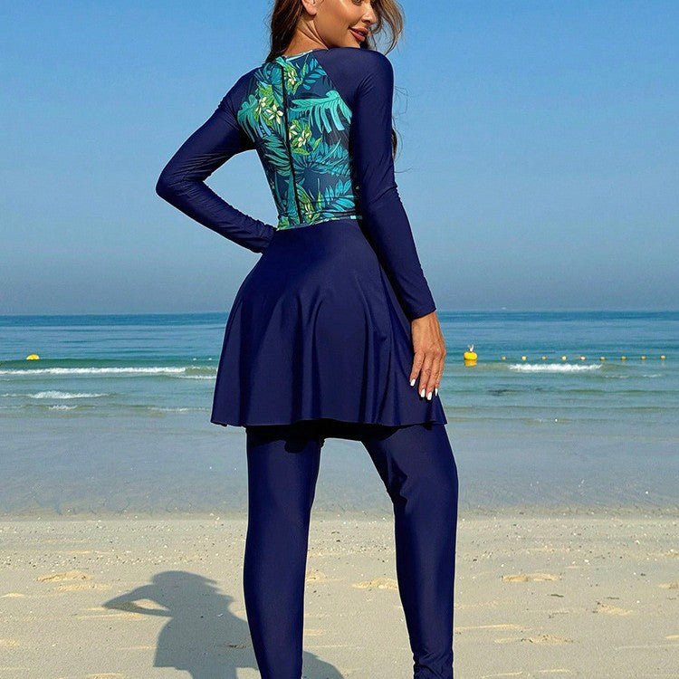 Damen Sportlicher Badeanzug mit langem Arm und elegantem Rock