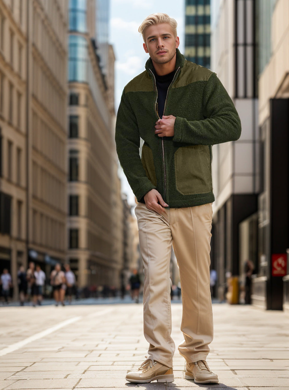 Herren Fleecejacke mit Stehkragen, Zwei‑Material‑Panel und Reißverschluss Shop Nory
