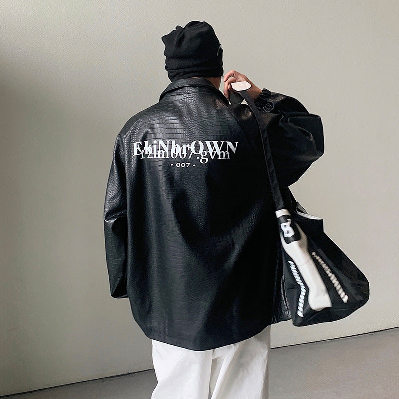 Herren Oversized Kunstlederjacke mit Krokodilprägung und Rückenlogo Shop Nory