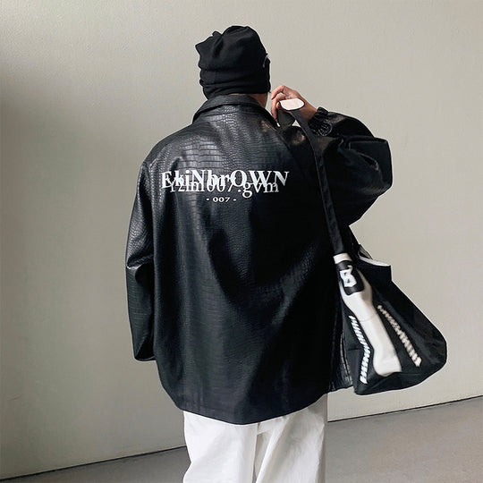 Herren Oversized Kunstlederjacke mit Krokodilprägung und Rückenlogo Shop Nory