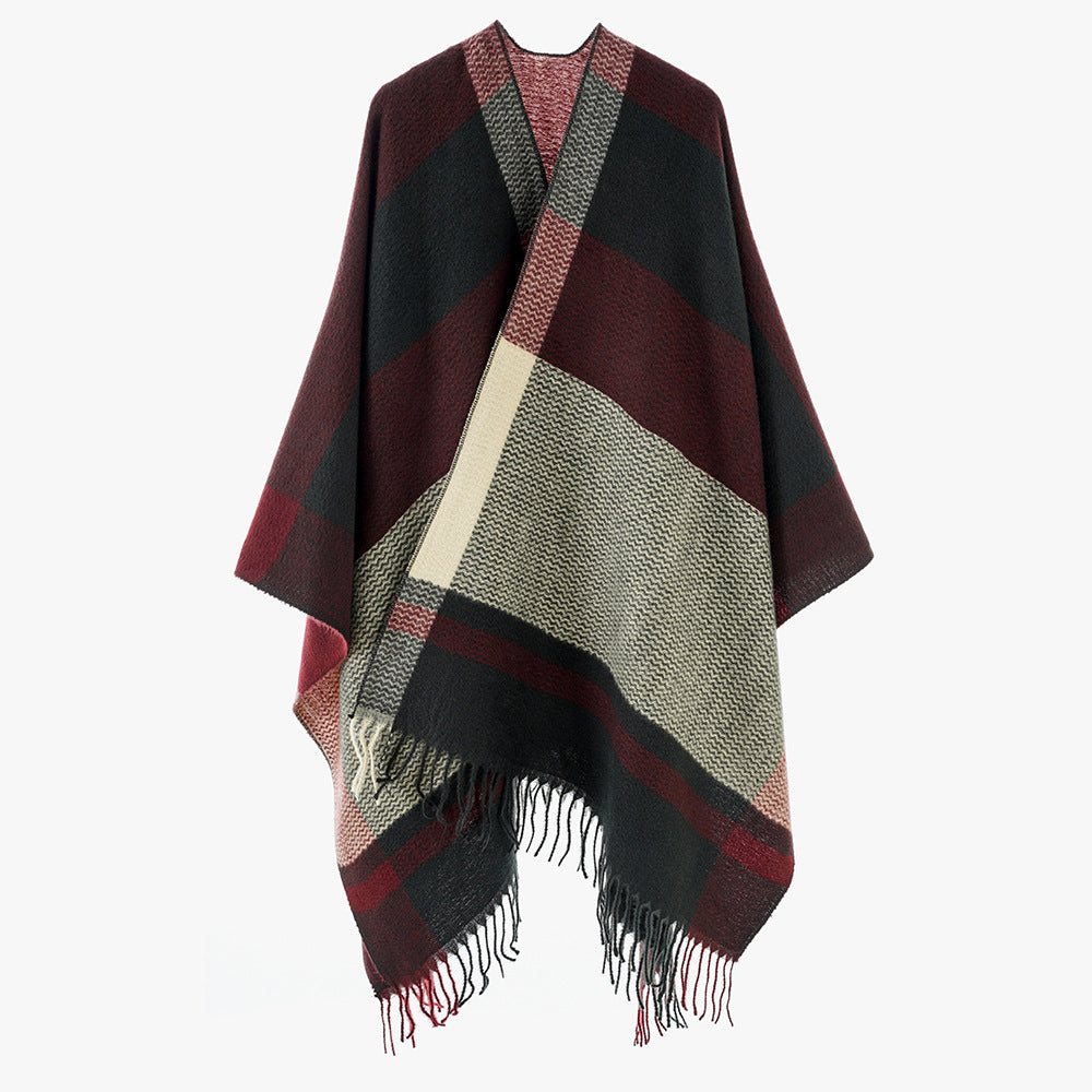 Damen Wollmix-Capeponcho mit V‑Ausschnitt, Blockstreifen und Fransen Shop Nory