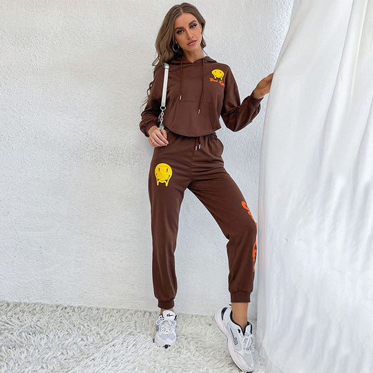 Damen Cropped Kapuzenpullover- und Jogginghose-Set mit Smiley-Print Shop Nory