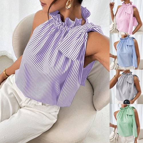 Damen Ärmellose Crêpe-Bluse mit gerafftem Stehkragen und Schulter-Schleife Shop Nory