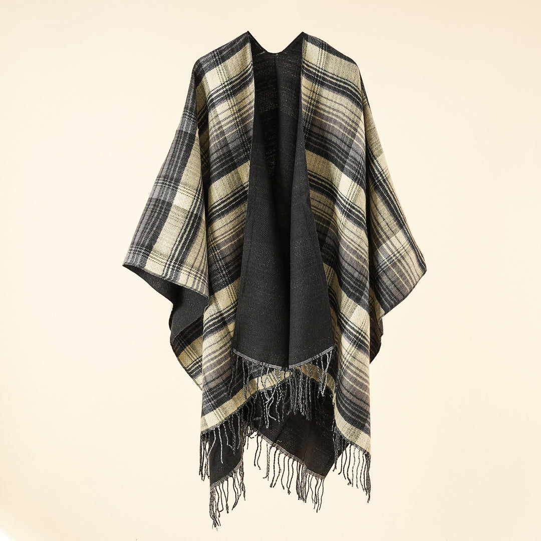 Damen Kastiger Plaid-Ruana aus leichtem Wollmix mit dekorativem Fransensaum Shop Nory