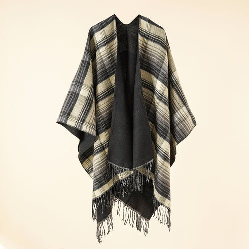 Damen Kastiger Plaid-Ruana aus leichtem Wollmix mit dekorativem Fransensaum Shop Nory