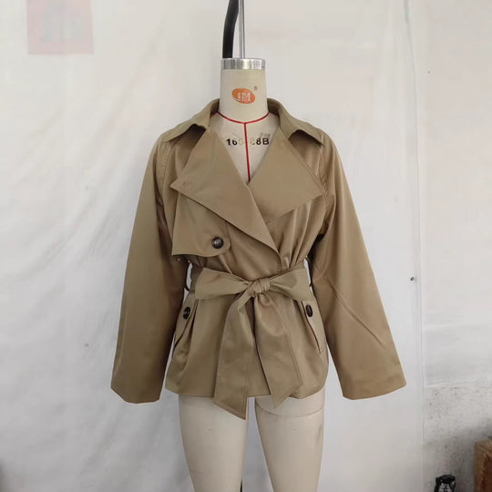 Damen Gekürzte Taillengürtel-Trenchjacke mit breitem Revers und Pattentaschen Shop Nory