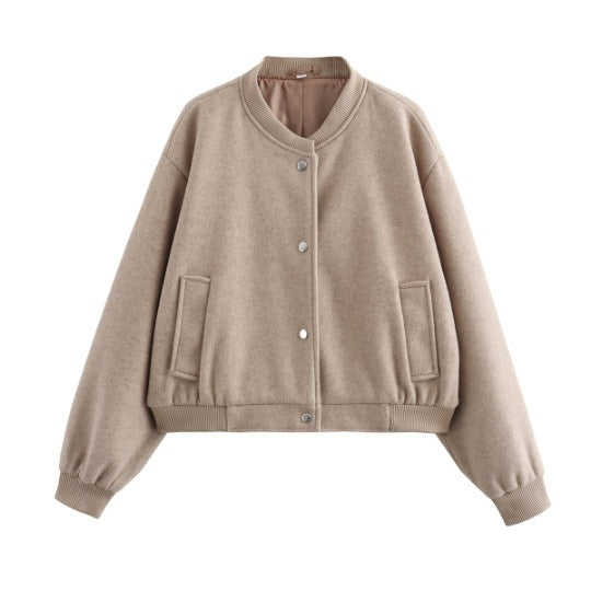 Damen Kurzgeschnittene Wollmix Bomberjacke mit Druckknöpfen und Rippbündchen Shop Nory