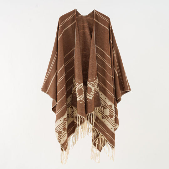 Damen Wollmix-Ruana im grafischen Ethno-Jacquard mit Fransensaum Shop Nory