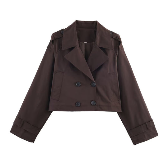Damen Cropped Doppelreiher-Trenchjacke mit weitem Revers, Epauletten und boxy Schnitt Shop Nory