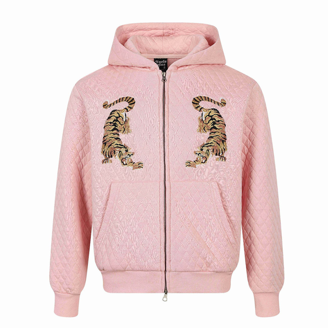 Unisex Gesteppte Kapuzenjacke mit Reißverschluss, Kängurutasche und spiegelnder Tiger‑Stickerei Shop Nory