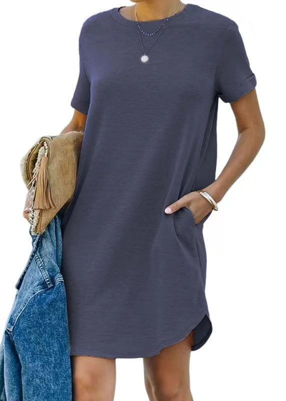 Damen lässiges Freizeitkleid mit Taschen und Rundhalsausschnitt