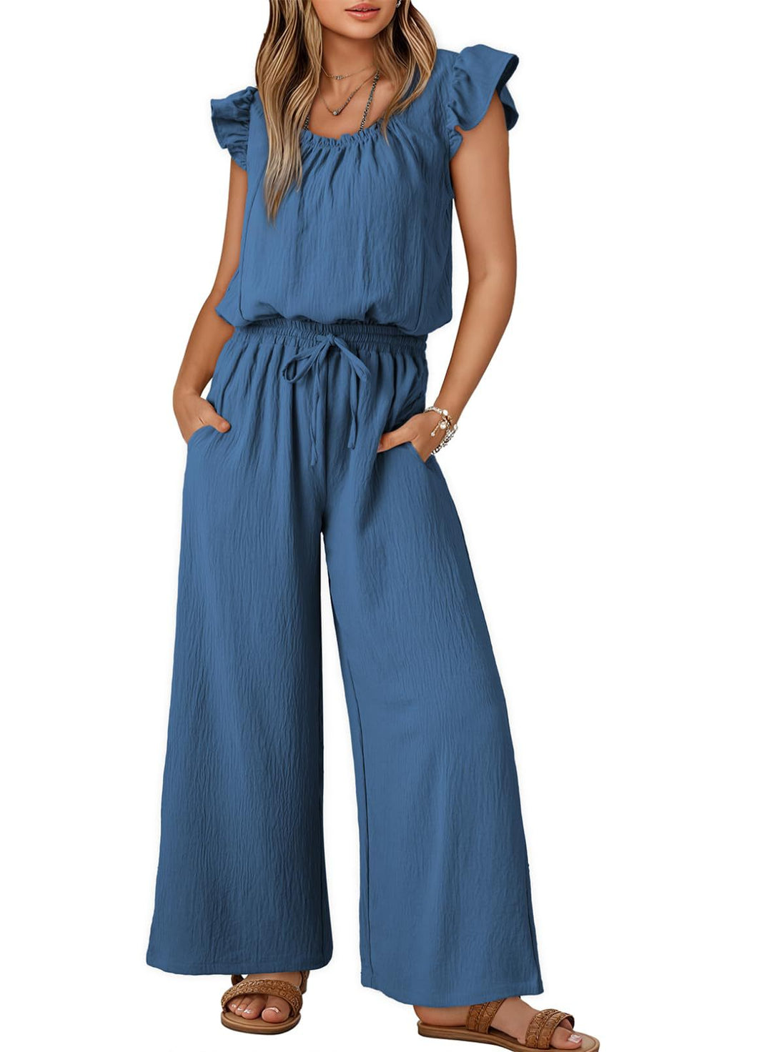 Damen Crinkle-Overall mit weitem Bein, elastischem Taillenbund und Rüschenärmeln Shop Nory