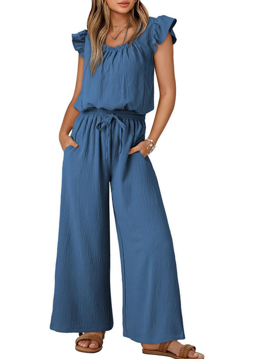 Damen Crinkle-Overall mit weitem Bein, elastischem Taillenbund und Rüschenärmeln Shop Nory