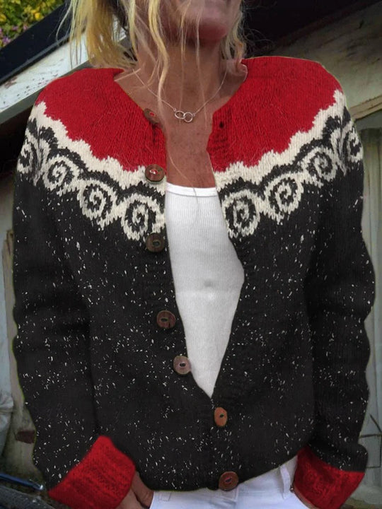 Damen nan gemusterte Strickjacke mit Rundpasse, Holzknöpfen und Eingrifftaschen Shop Nory