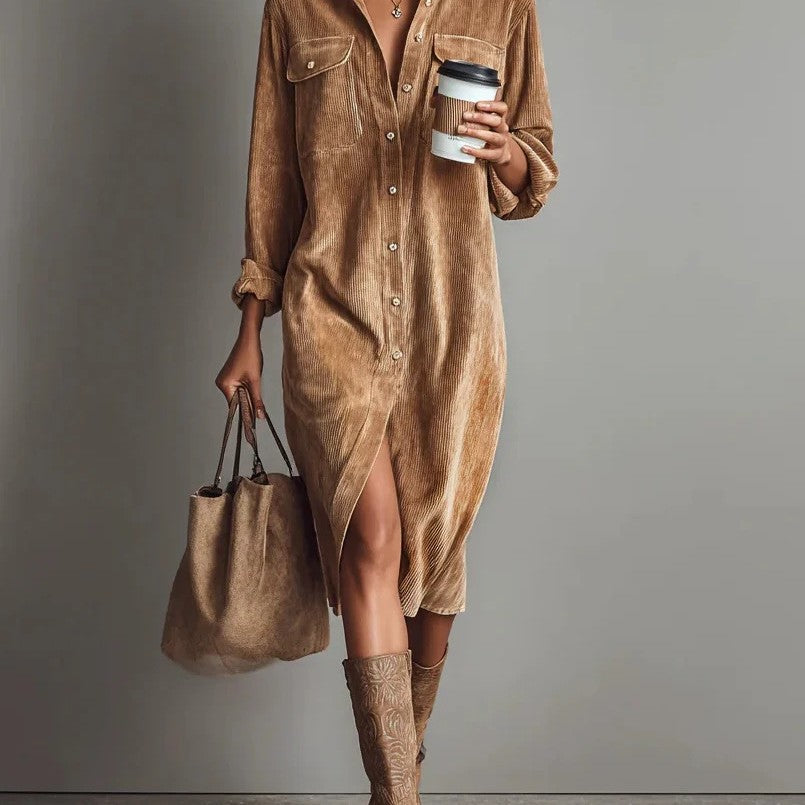 Damen Hemdblusenkleid aus Cord mit Brusttaschen, Knopfleiste und Schlitze Shop Nory