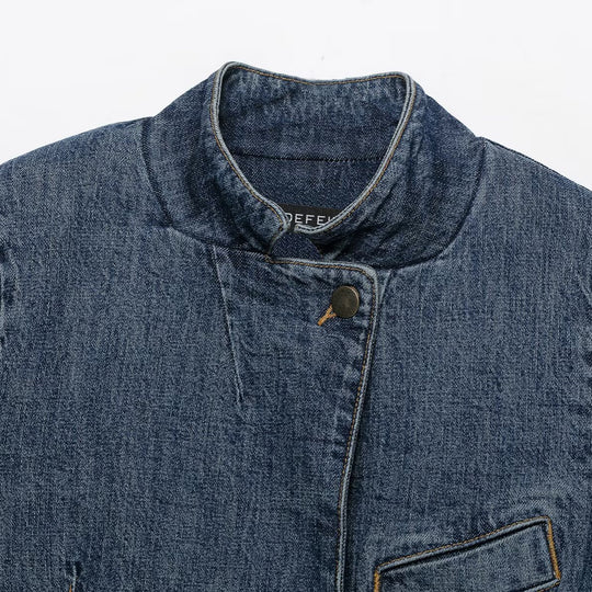 Damen Cropped Jeansjacke im Boxy-Cut mit Stehkragen und verdeckter Knopfleiste Shop Nory