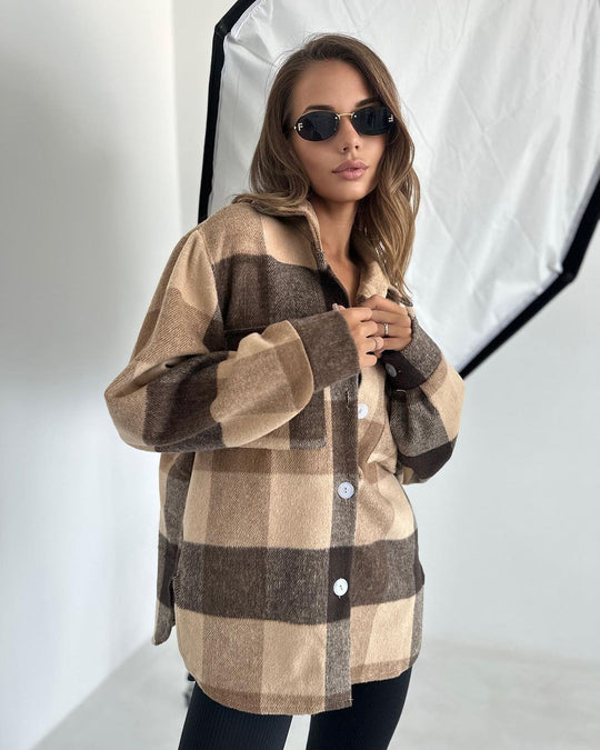 Damen Karierter Overshirt im Shacket-Stil mit Saumtaschen und Knopfverschluss Shop Nory