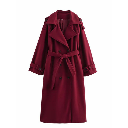 Damen langer doppeltreihiger Wollmix-Trenchcoat mit Gürtel und breitem Revers Shop Nory