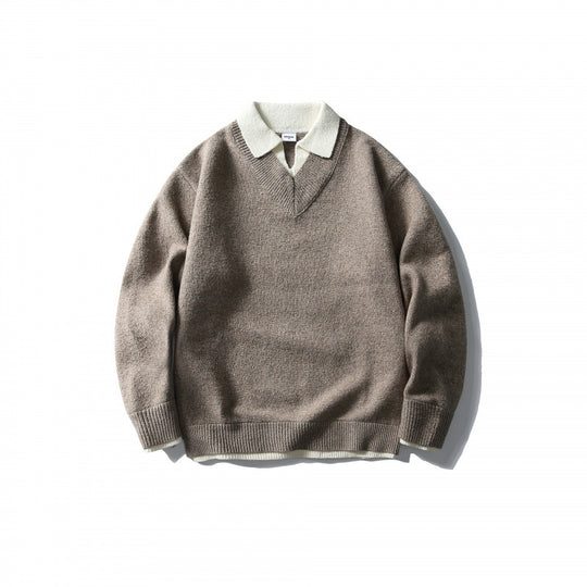 Unisex Oversize-Strickpullover mit kontrastierendem Polokragen und V‑Ausschnitt Shop Nory