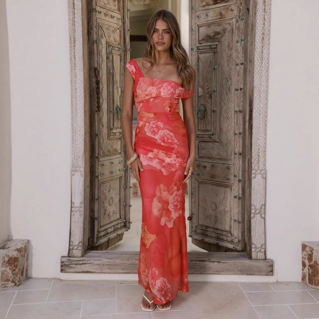 Damen Wickel-Maxikleid mit floralem Muster und elegantem Chiffon-Stoff