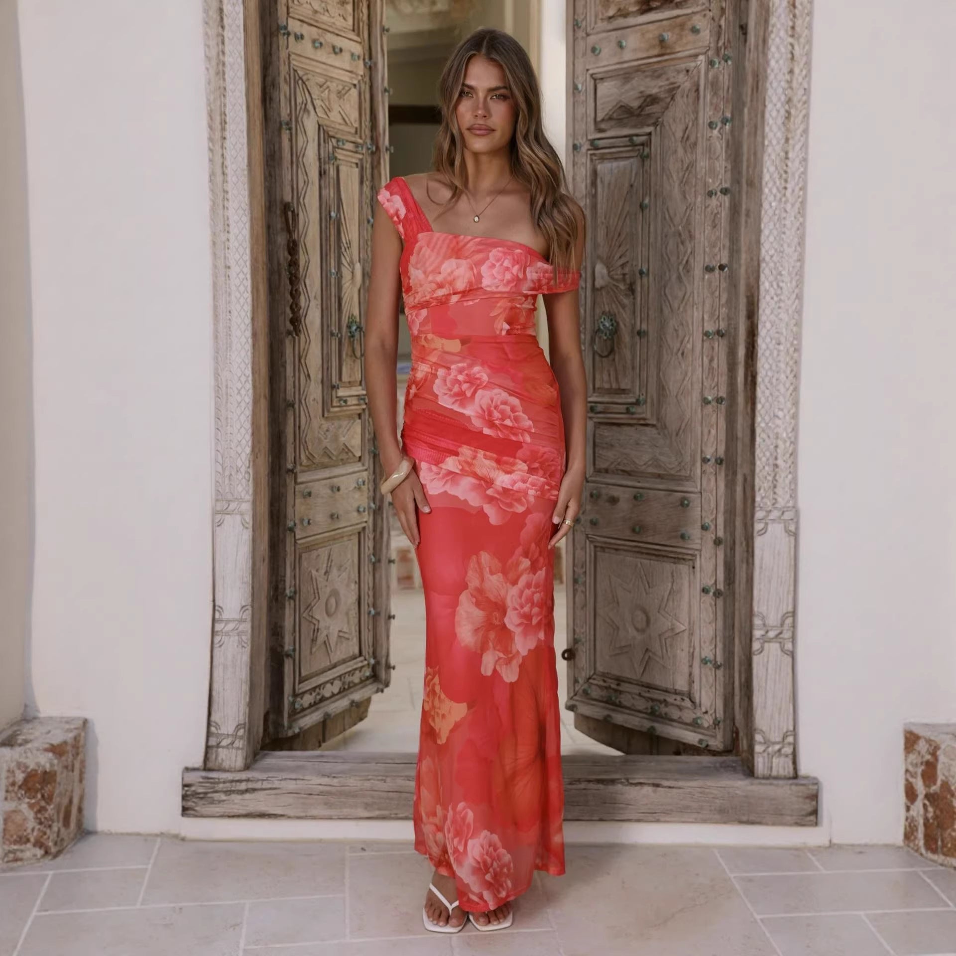 Damen Wickel-Maxikleid mit floralem Muster und elegantem Chiffon-Stoff