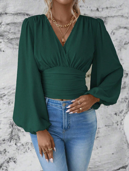 Damen Wickel-Cropped-Top mit geraffter Taillenpartie und weiten Ballonärmeln Shop Nory