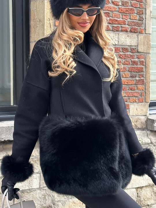 Damen Kurzmantel aus Wollmix mit dekorativen Felltaschen und legerer Boxy-Silhouette Shop Nory