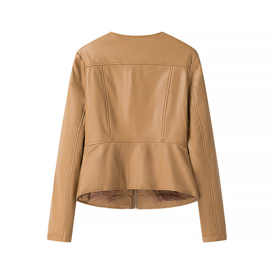 Damen Lederjacke ohne Kragen mit taillierter Passform und durchgehendem Reißverschluss Shop Nory