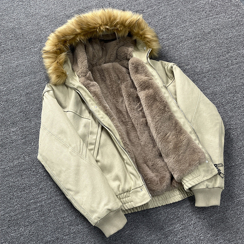 Unisex Wattierte Bomberjacke mit großer Kapuze und Kunstfellbesatz Shop Nory