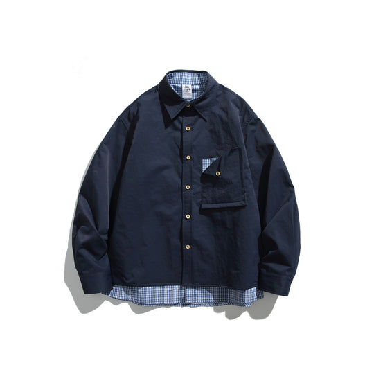 Herren Boxy-Overshirt im Layer-Look mit kariertem Innenfutter, Brusttasche und Holzknöpfen Shop Nory
