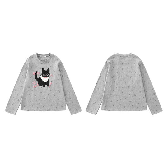 Damen Relaxed-Fit Longsleeve mit Cartoon-Katzenmotiv und tonalem Sternmuster Shop Nory