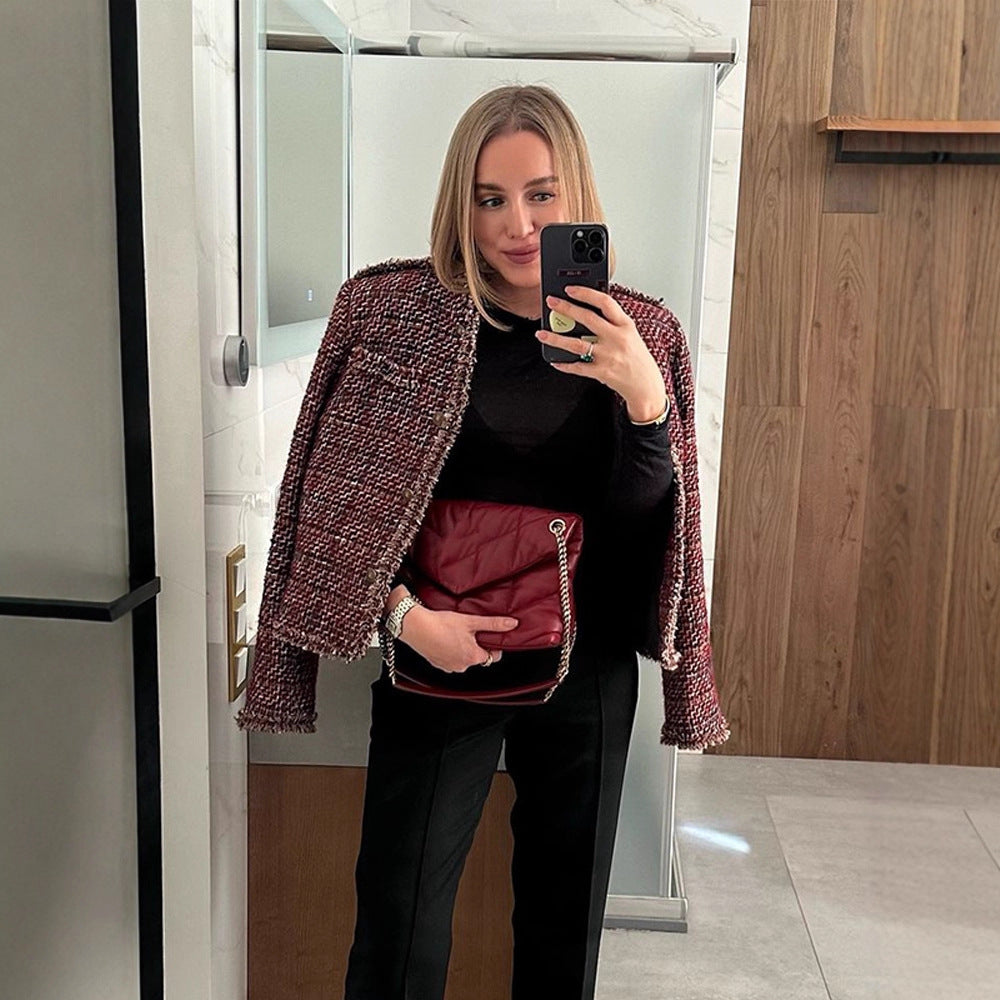 Damen Kurze Bouclé-Tweed-Jacke mit Fransenbesatz und Zierknöpfen Shop Nory