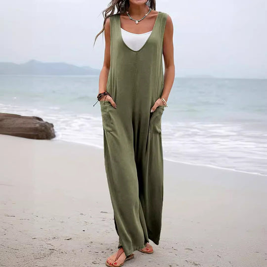 Damen Lässiger weite Jumpsuit mit V-Ausschnitt und praktischen Taschen