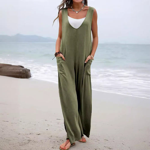 Damen Lässiger weite Jumpsuit mit V-Ausschnitt und praktischen Taschen