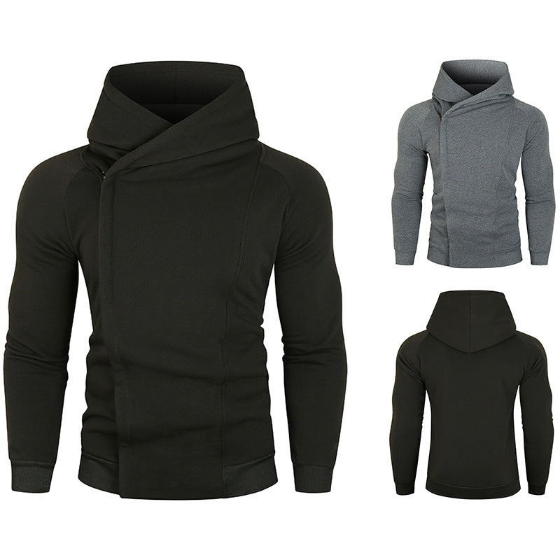 Herren asymmetrischer Kapuzenpullover mit Wickelkragen und verdeckter Knopfleiste, schlanke sportive Passform Shop Nory