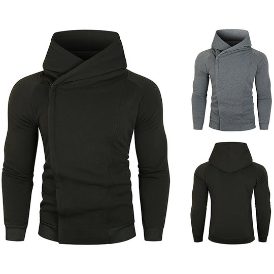 Herren asymmetrischer Kapuzenpullover mit Wickelkragen und verdeckter Knopfleiste, schlanke sportive Passform Shop Nory