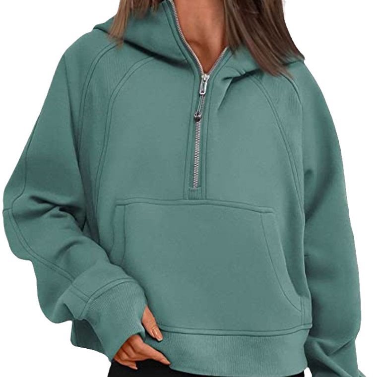 Damen Kurz geschnittener Kapuzenpullover mit halbem Reißverschluss und Kängurutasche Shop Nory