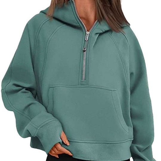 Damen Kurz geschnittener Kapuzenpullover mit halbem Reißverschluss und Kängurutasche Shop Nory